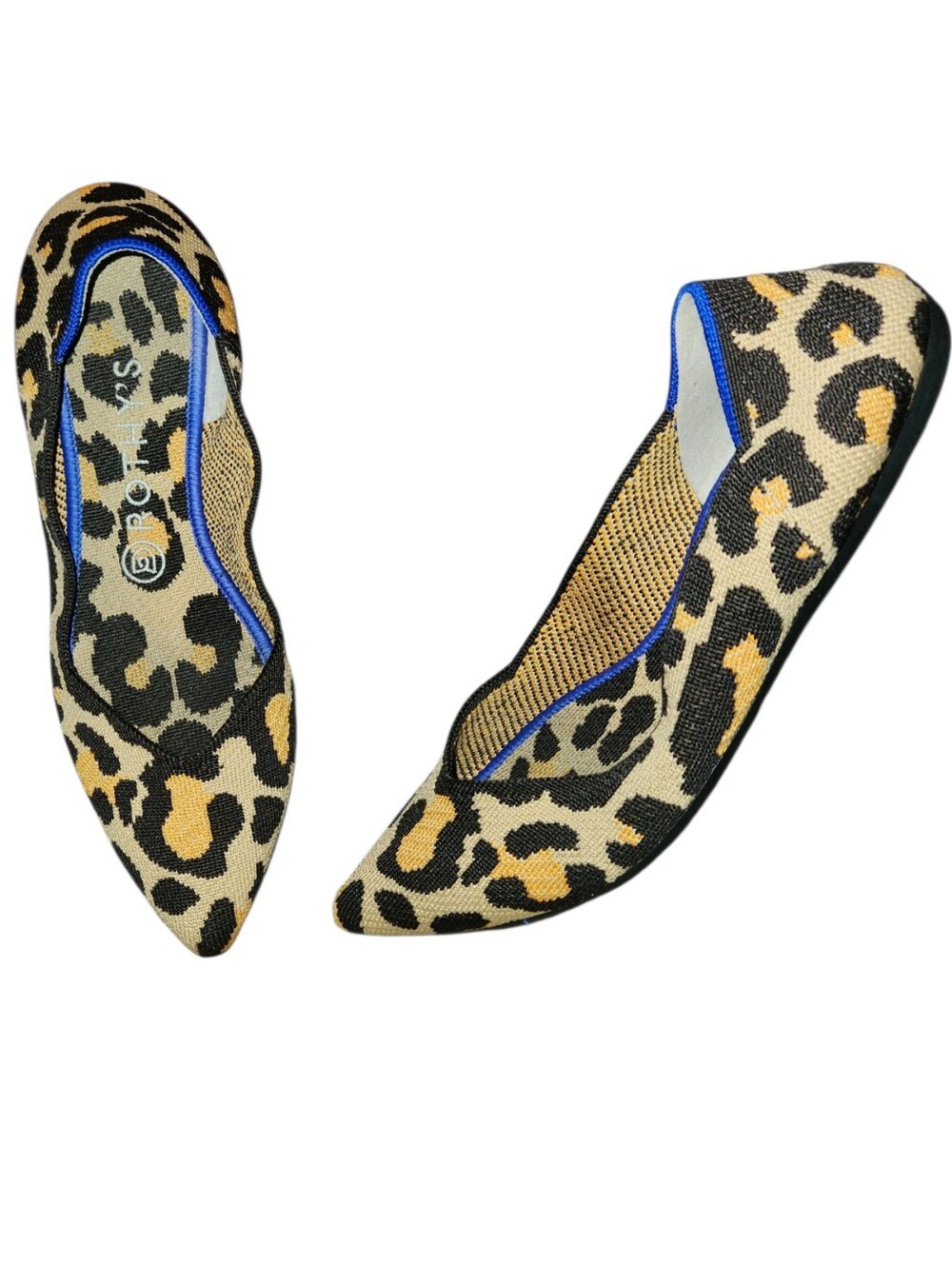 Rothy's The Point Leopard Print Flats Big Cat/Blue Trim Size 9 Ballet Flats